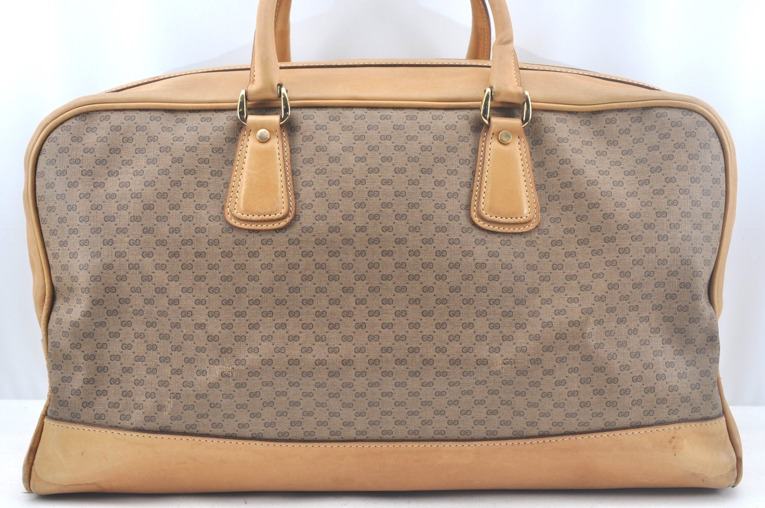 Authentic GUCCI Micro GG PVC Leather Travel Boston Bag Brown L0072