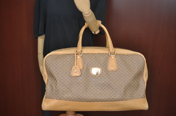 Authentic GUCCI Micro GG PVC Leather Travel Boston Bag Brown L0072