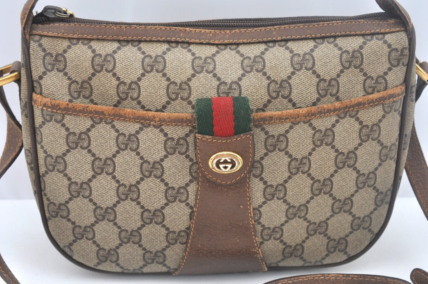 Authentic GUCCI Web Sherry Line Shoulder Cross Bag GG PVC Leather Brown L0074