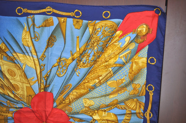 Authentic HERMES Carre 90 Scarf "Soleil de Soie" Silk Blue L0075