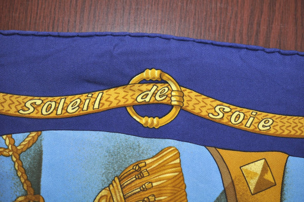 Authentic HERMES Carre 90 Scarf "Soleil de Soie" Silk Blue L0075