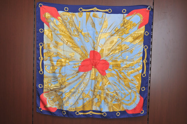 Authentic HERMES Carre 90 Scarf "Soleil de Soie" Silk Blue L0075