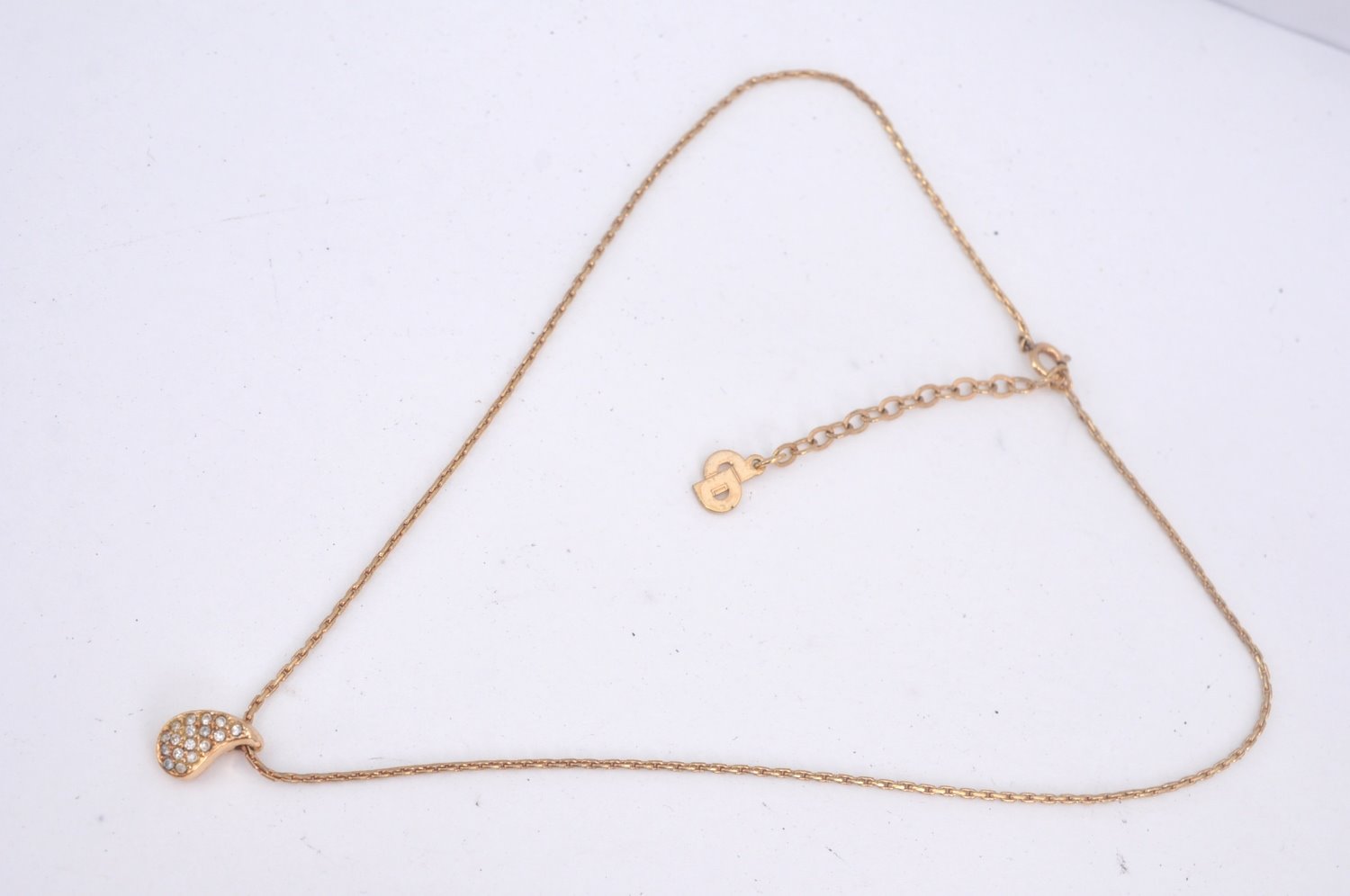 Authentic Christian Dior Gold Tone Chain Pendant Necklace Rhinestone CD L0078