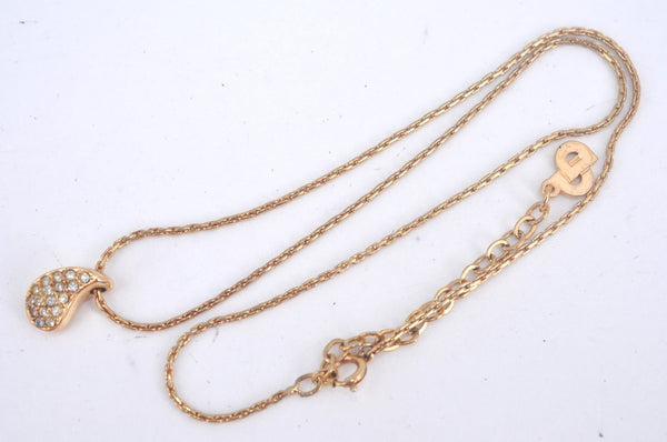 Authentic Christian Dior Gold Tone Chain Pendant Necklace Rhinestone CD L0078