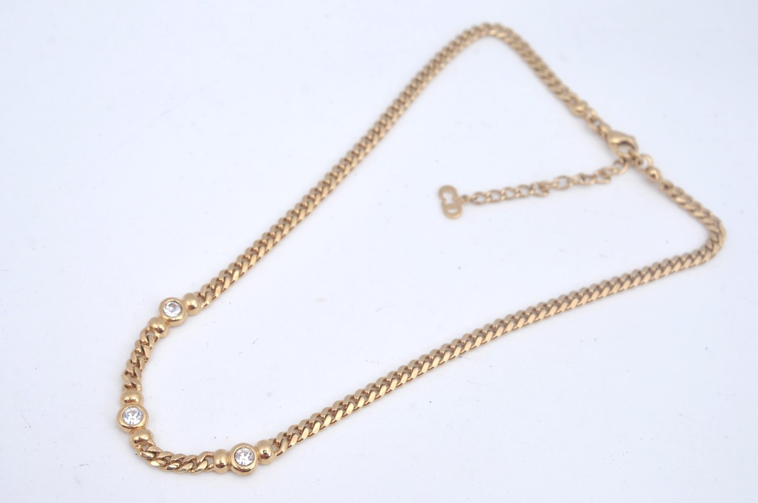 Authentic Christian Dior Gold Tone Chain Pendant Necklace Rhinestone CD L0080