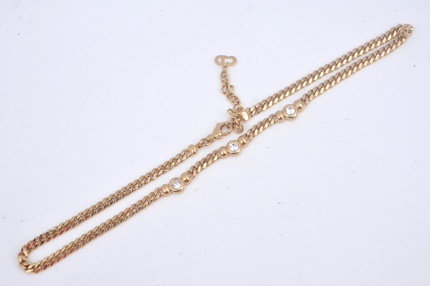 Authentic Christian Dior Gold Tone Chain Pendant Necklace Rhinestone CD L0080