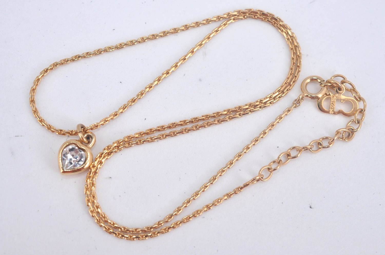 Authentic Christian Dior Gold Tone Chain Pendant Rhinestone Necklace CD L0081