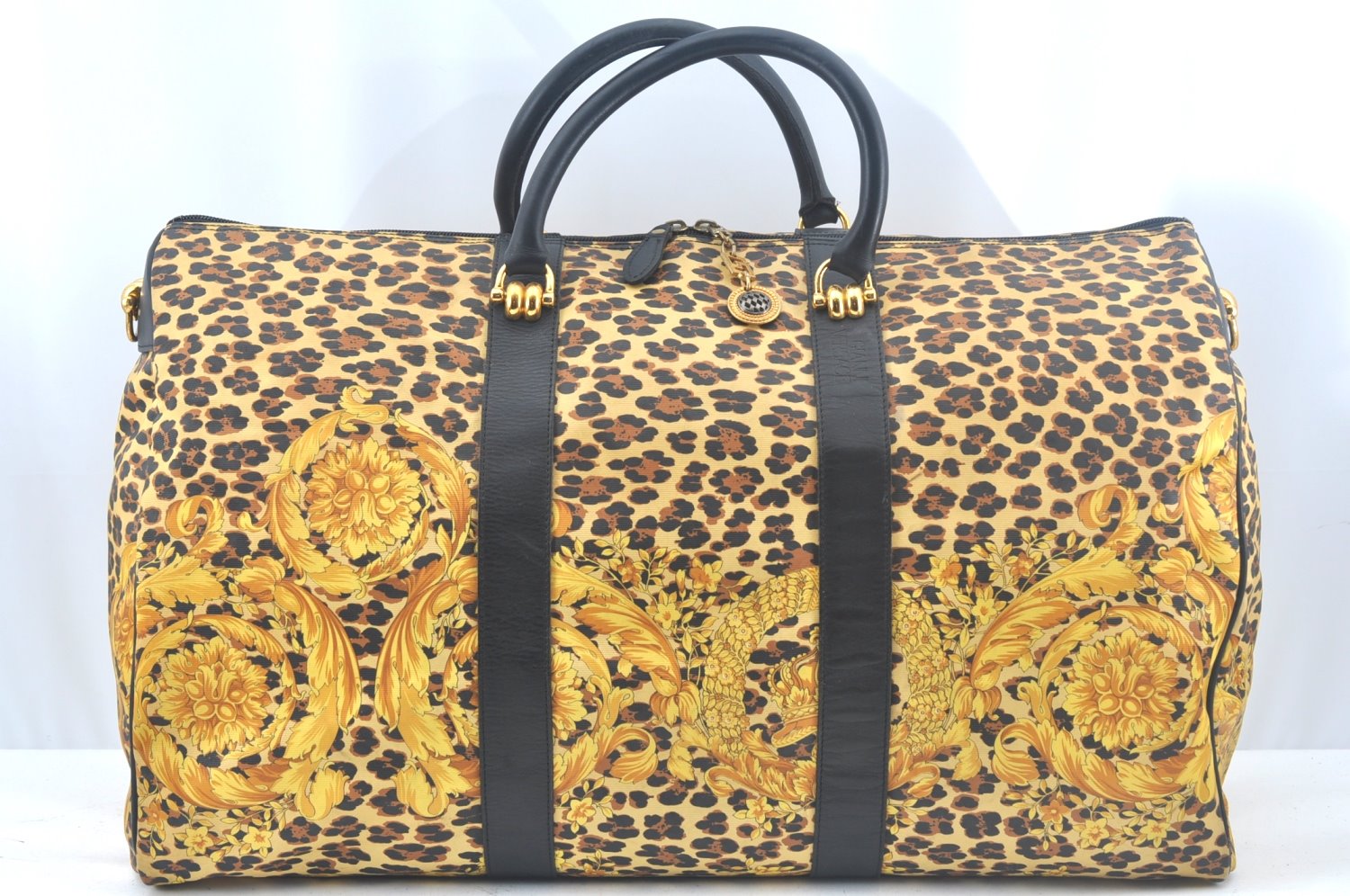 Auth Gianni Versace Sunburst Flower Leopard Nylon PVC Leather Boston Bag L0082