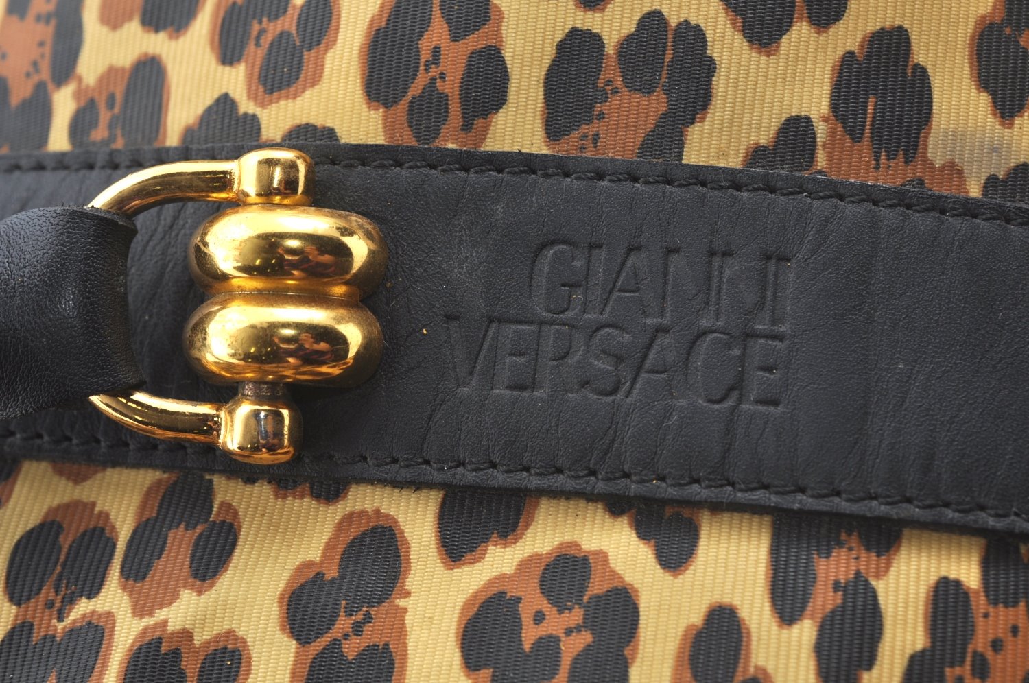 Auth Gianni Versace Sunburst Flower Leopard Nylon PVC Leather Boston Bag L0082