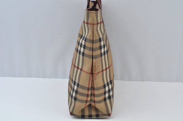 Authentic BURBERRY Check Hand Tote Bag PVC Leather Beige L0083