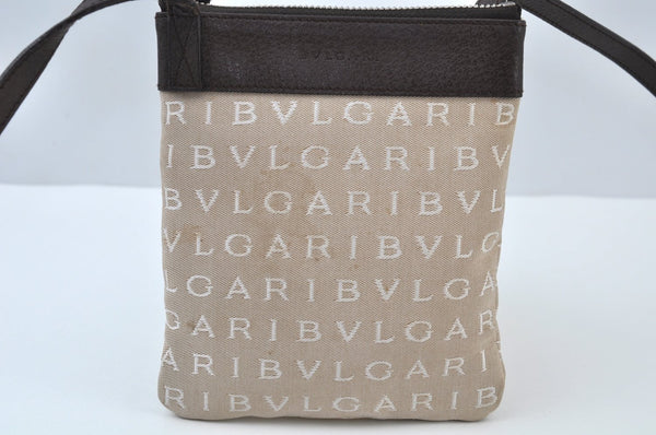 Authentic BVLGARI Logomania Shoulder Bag Pouch Canvas Leather Beige Brown L0086