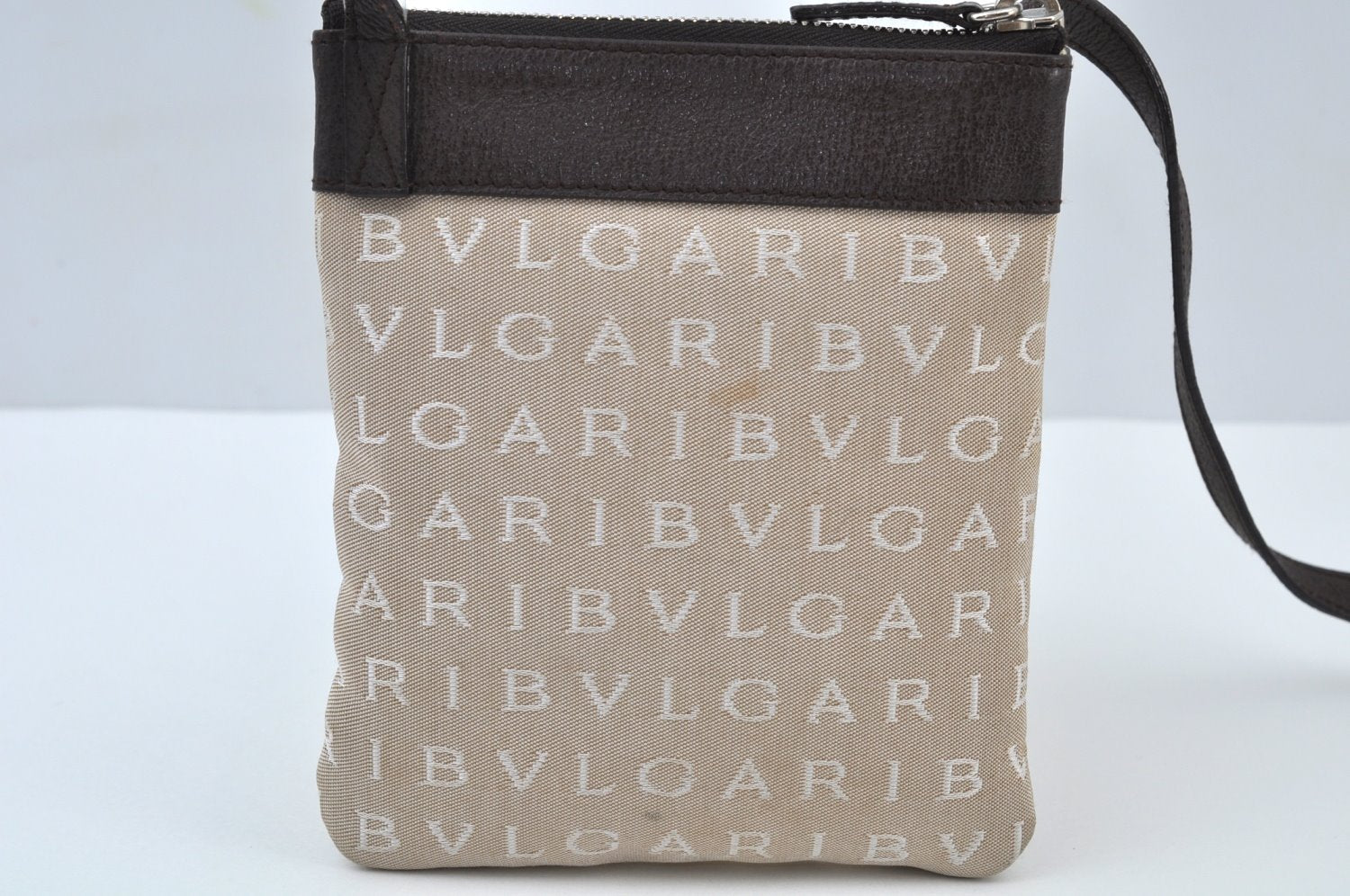 Authentic BVLGARI Logomania Shoulder Bag Pouch Canvas Leather Beige Brown L0086