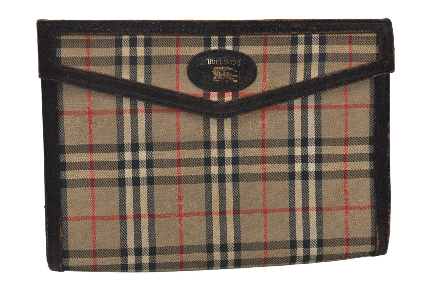Authentic Burberrys Nova Check Canvas Pouch Purse Brown Beige L0088