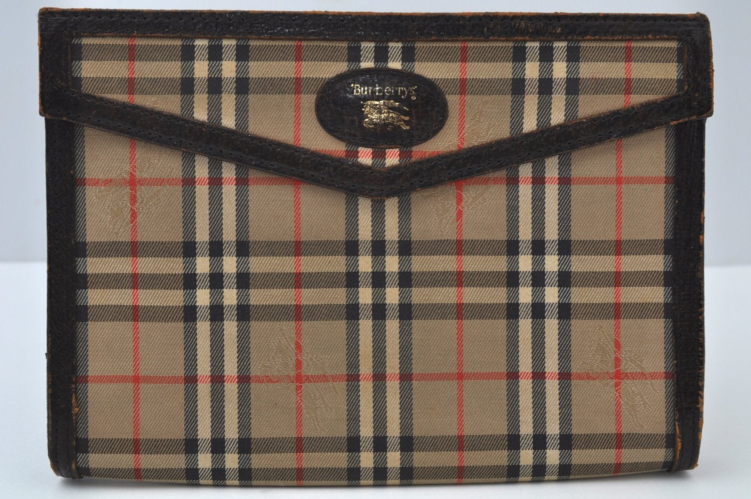Authentic Burberrys Nova Check Canvas Pouch Purse Brown Beige L0088
