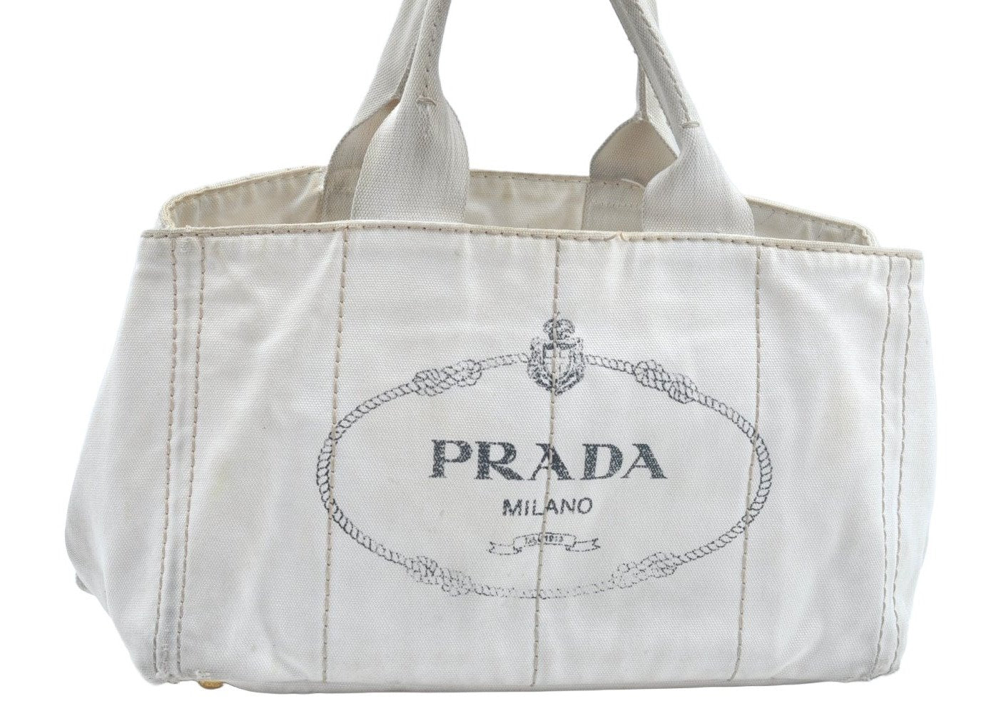 Authentic PRADA Canapa M Vintage Canvas Tote Hand Bag White L0090