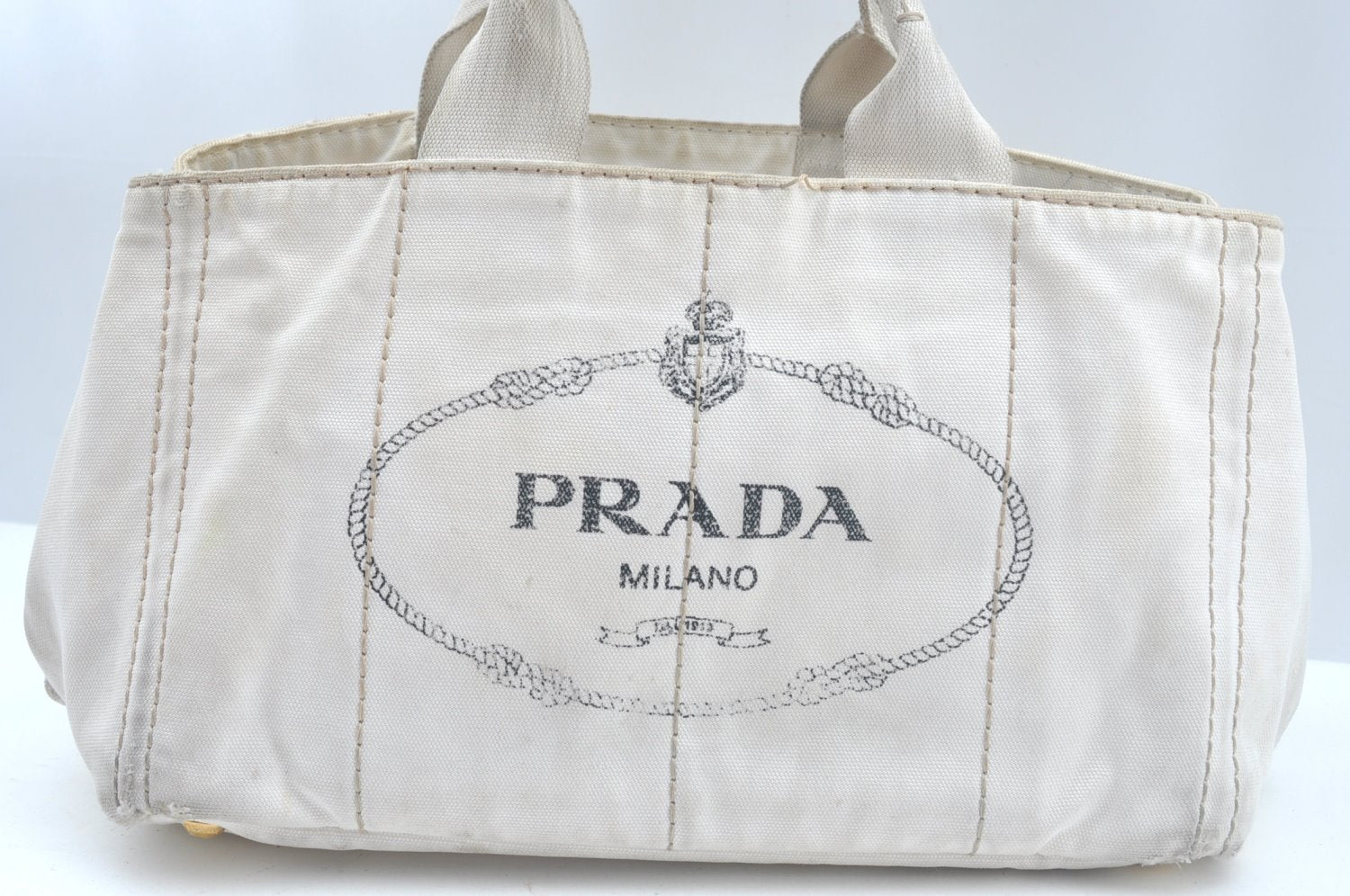 Authentic PRADA Canapa M Vintage Canvas Tote Hand Bag White L0090