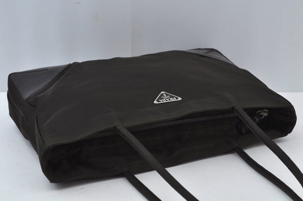 Authentic PRADA Nylon Leather Shoulder Tote Bag Khaki Brown L0095
