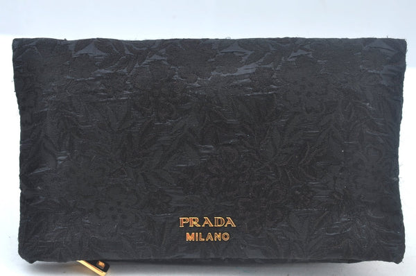 Authentic PRADA Vintage Flower Pattern Canvas Clutch Hand Bag Purse Black L0097