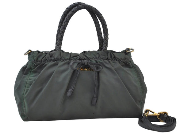 Authentic PRADA Bow Ribbon Nylon Leather 2Way Hand Bag Green L0102