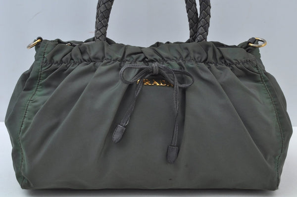 Authentic PRADA Bow Ribbon Nylon Leather 2Way Hand Bag Green L0102