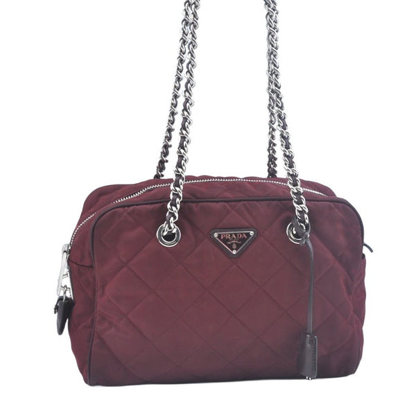 Authentic PRADA Nylon Leather Chain Shoulder Hand Bag Bordeaux L0112