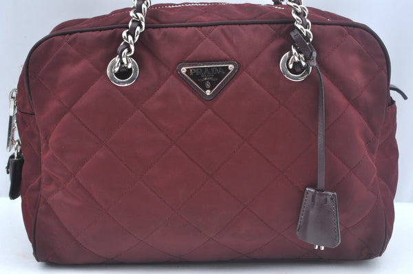 Authentic PRADA Nylon Leather Chain Shoulder Hand Bag Bordeaux L0112