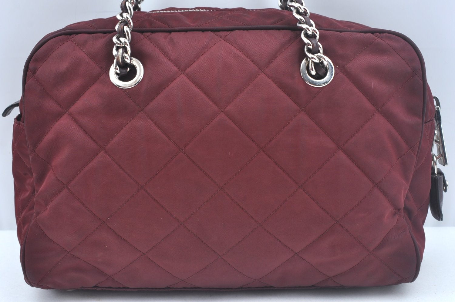 Authentic PRADA Nylon Leather Chain Shoulder Hand Bag Bordeaux L0112