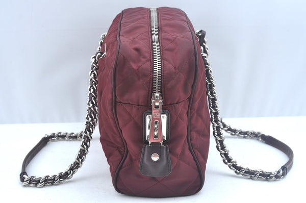 Authentic PRADA Nylon Leather Chain Shoulder Hand Bag Bordeaux L0112
