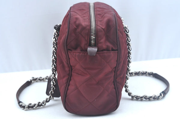 Authentic PRADA Nylon Leather Chain Shoulder Hand Bag Bordeaux L0112