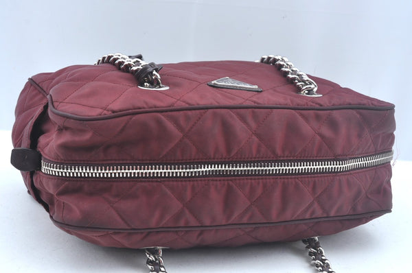 Authentic PRADA Nylon Leather Chain Shoulder Hand Bag Bordeaux L0112