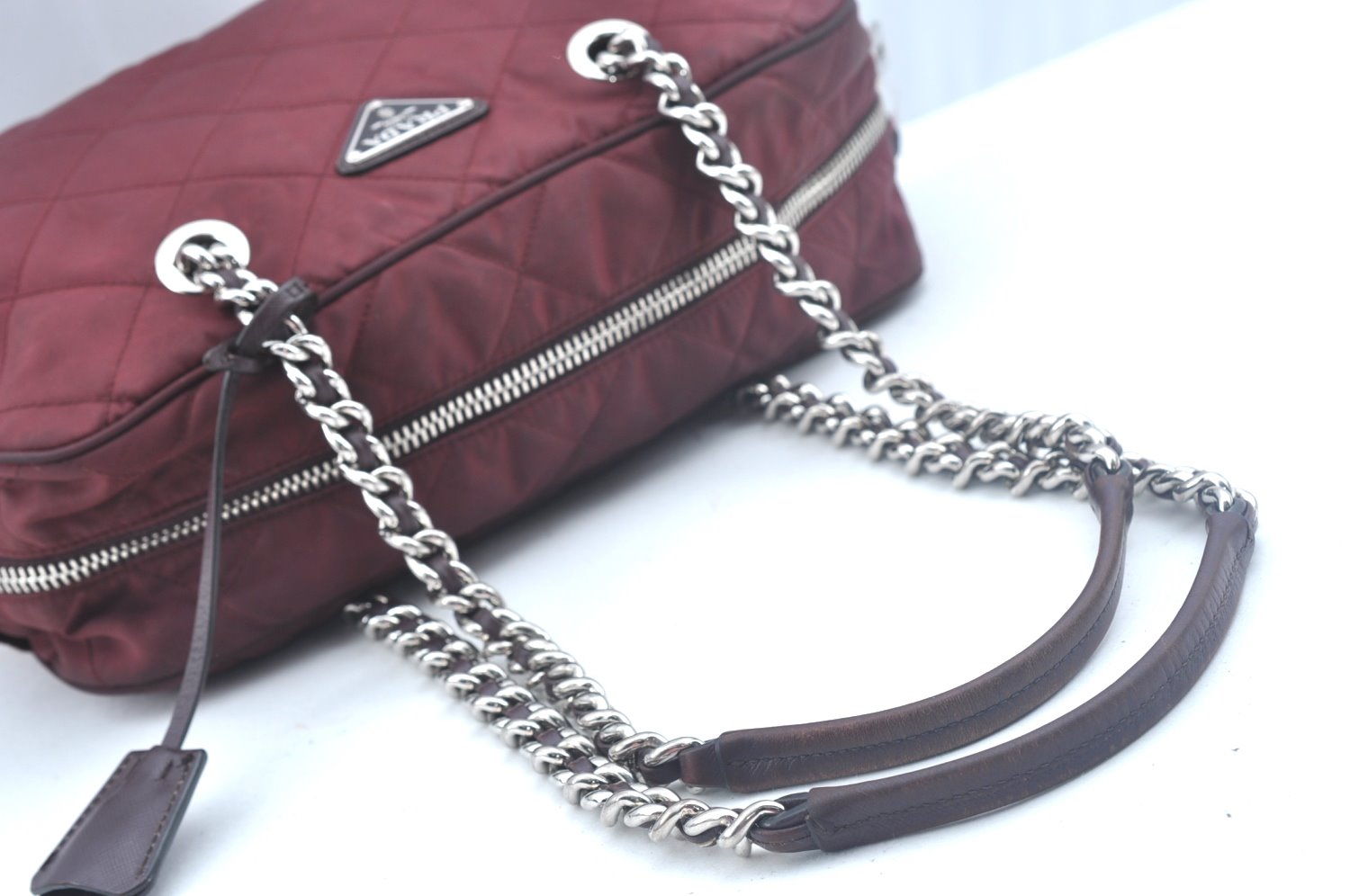 Authentic PRADA Nylon Leather Chain Shoulder Hand Bag Bordeaux L0112