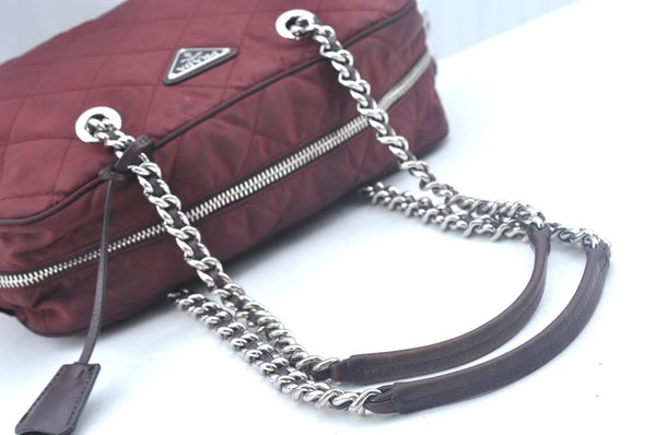 Authentic PRADA Nylon Leather Chain Shoulder Hand Bag Bordeaux L0112