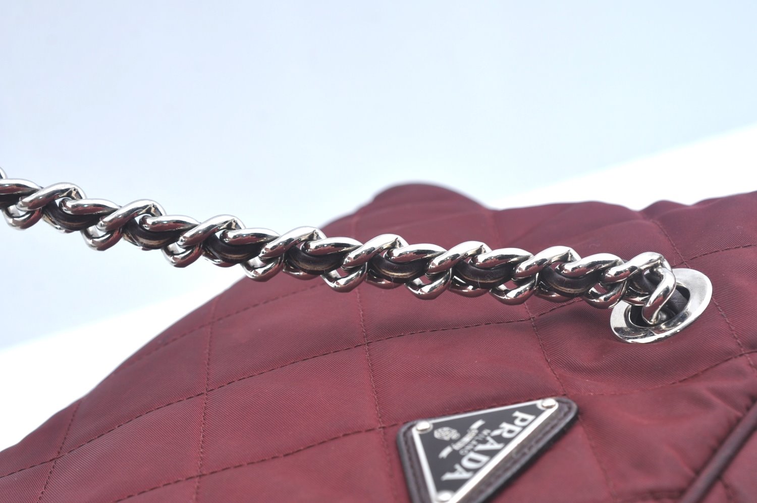 Authentic PRADA Nylon Leather Chain Shoulder Hand Bag Bordeaux L0112