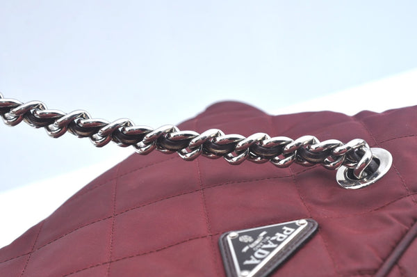 Authentic PRADA Nylon Leather Chain Shoulder Hand Bag Bordeaux L0112