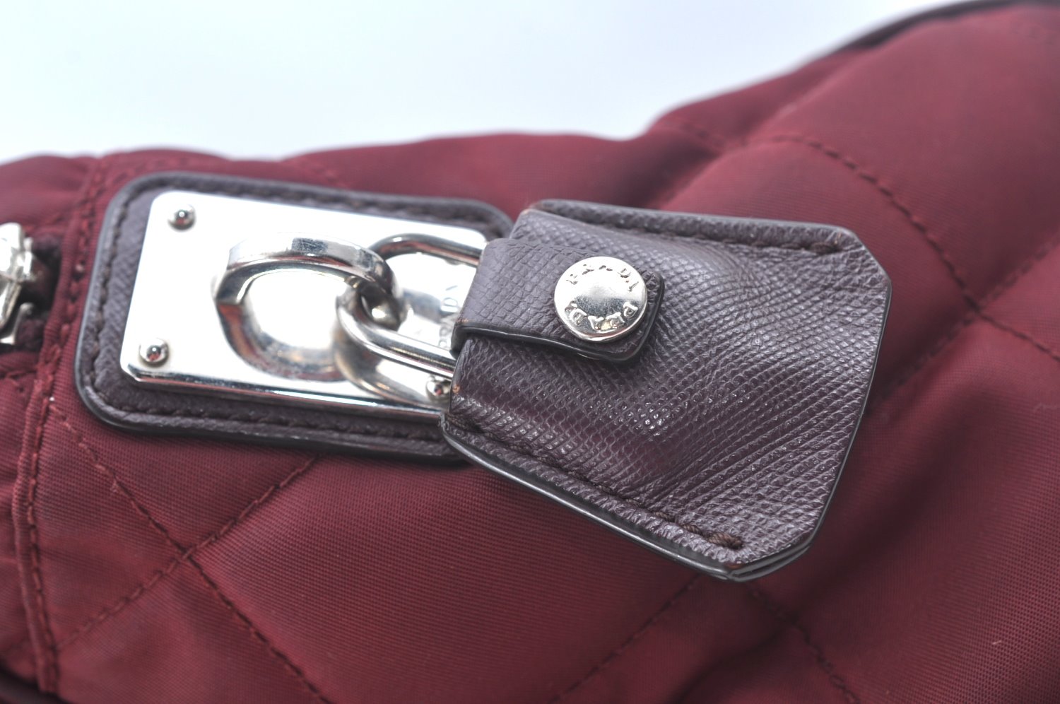 Authentic PRADA Nylon Leather Chain Shoulder Hand Bag Bordeaux L0112
