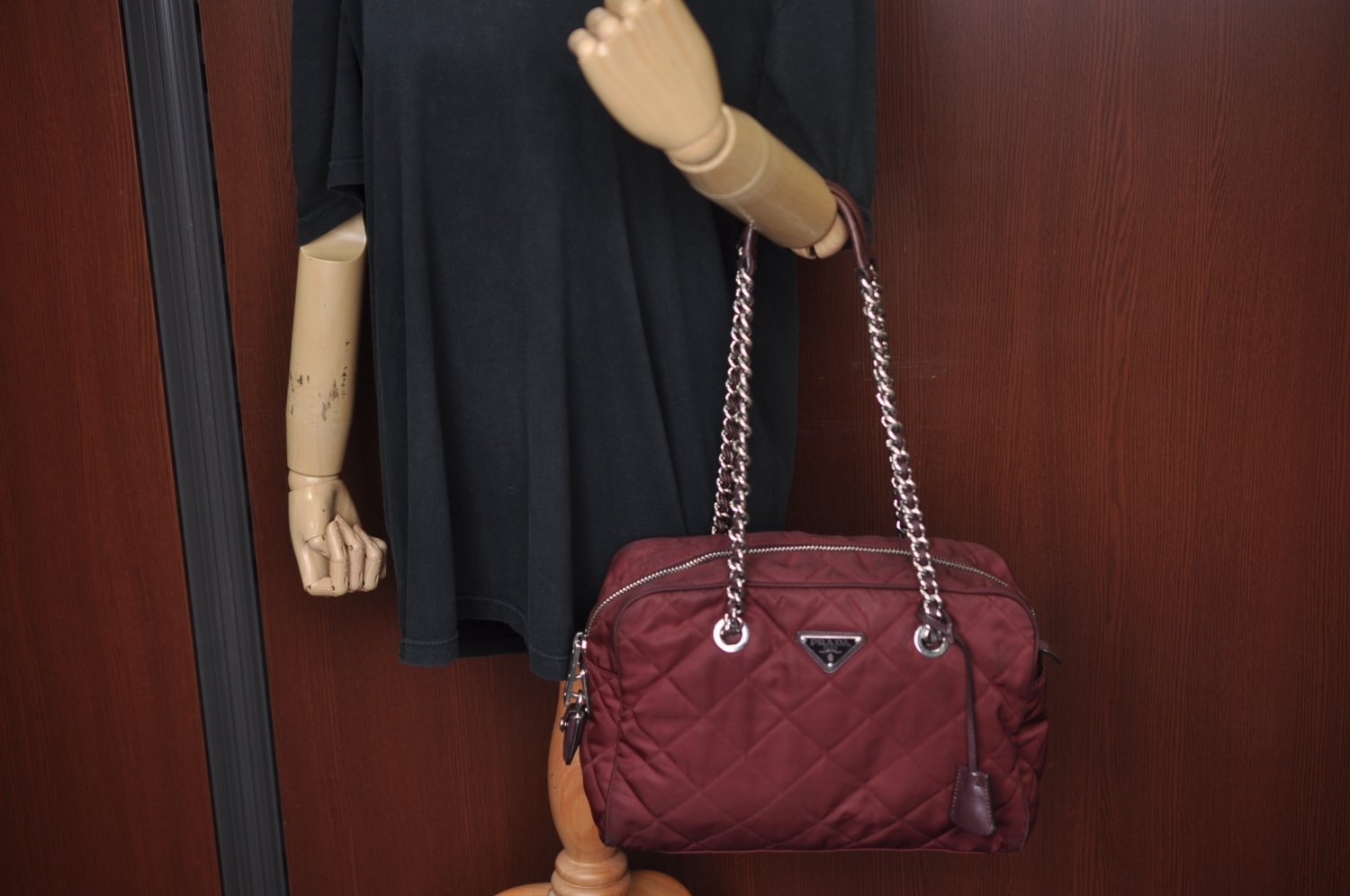 Authentic PRADA Nylon Leather Chain Shoulder Hand Bag Bordeaux L0112