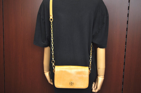 Authentic TORY BURCH Robinson Chain Shoulder Cross Body Bag Leather Yellow L0149