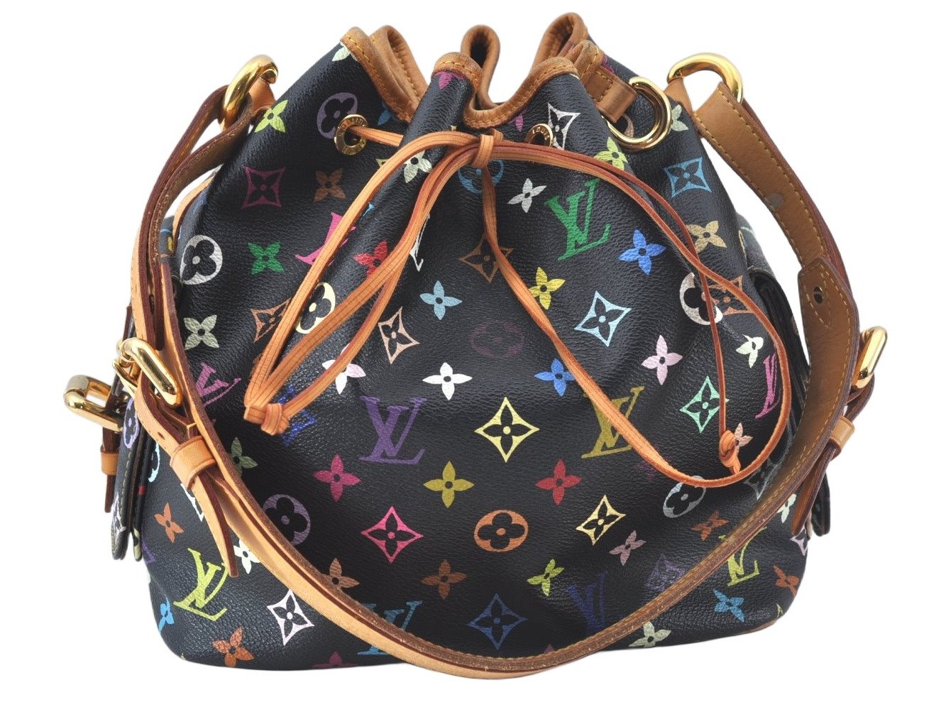 Auth Louis Vuitton Monogram Multicolor Petite Noe Drawstring Bag Black LV L0163