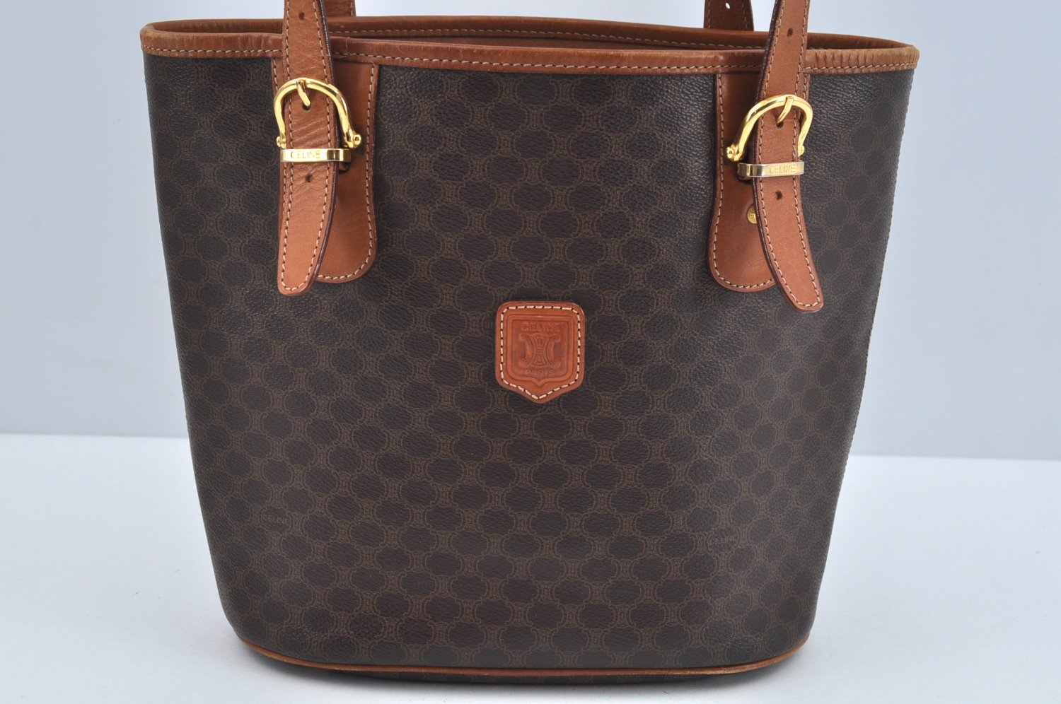 Authentic CELINE Macadam Blason Pattern Hand Bag Canvas Leather Brown L0188