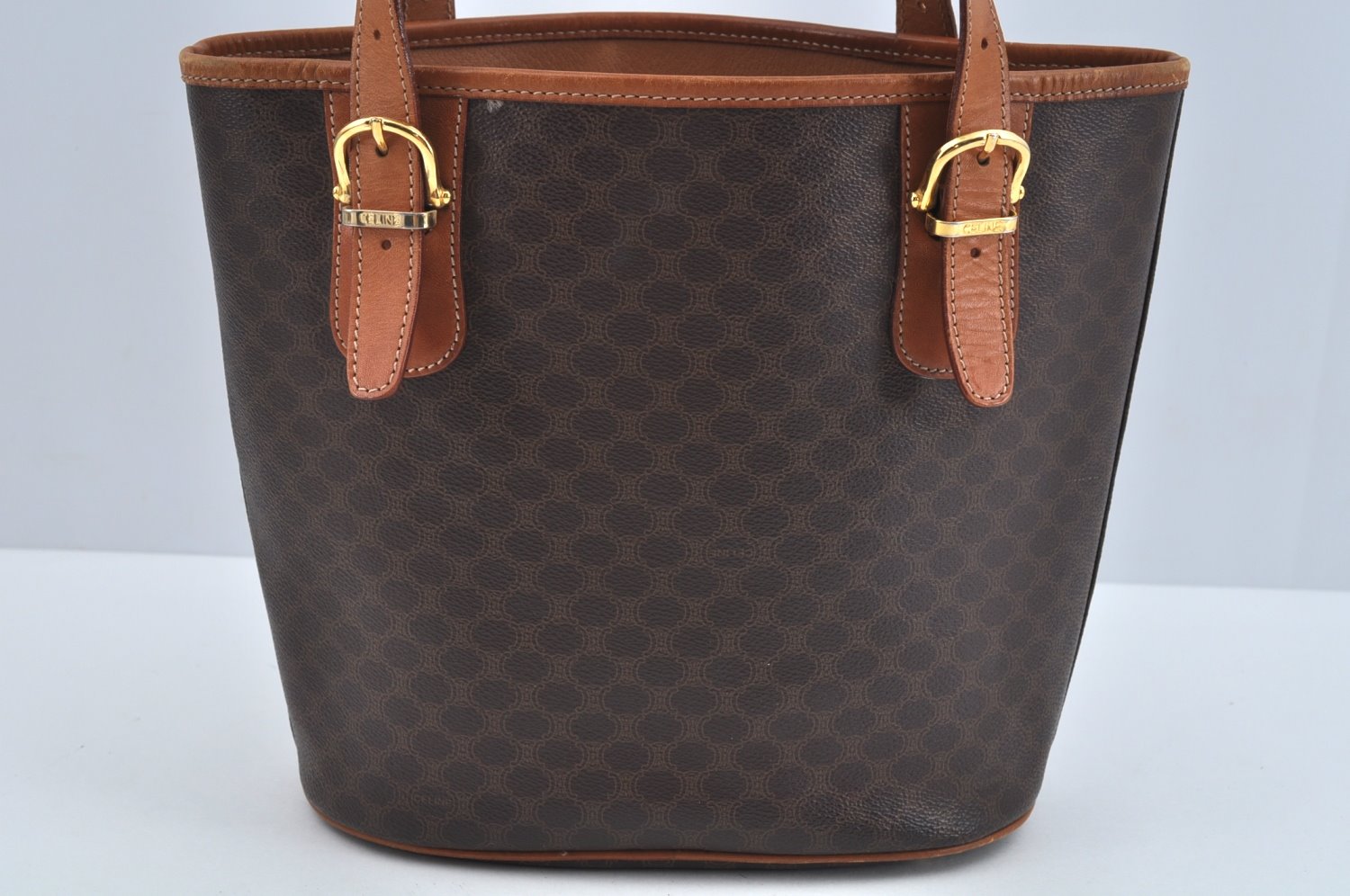 Authentic CELINE Macadam Blason Pattern Hand Bag Canvas Leather Brown L0188
