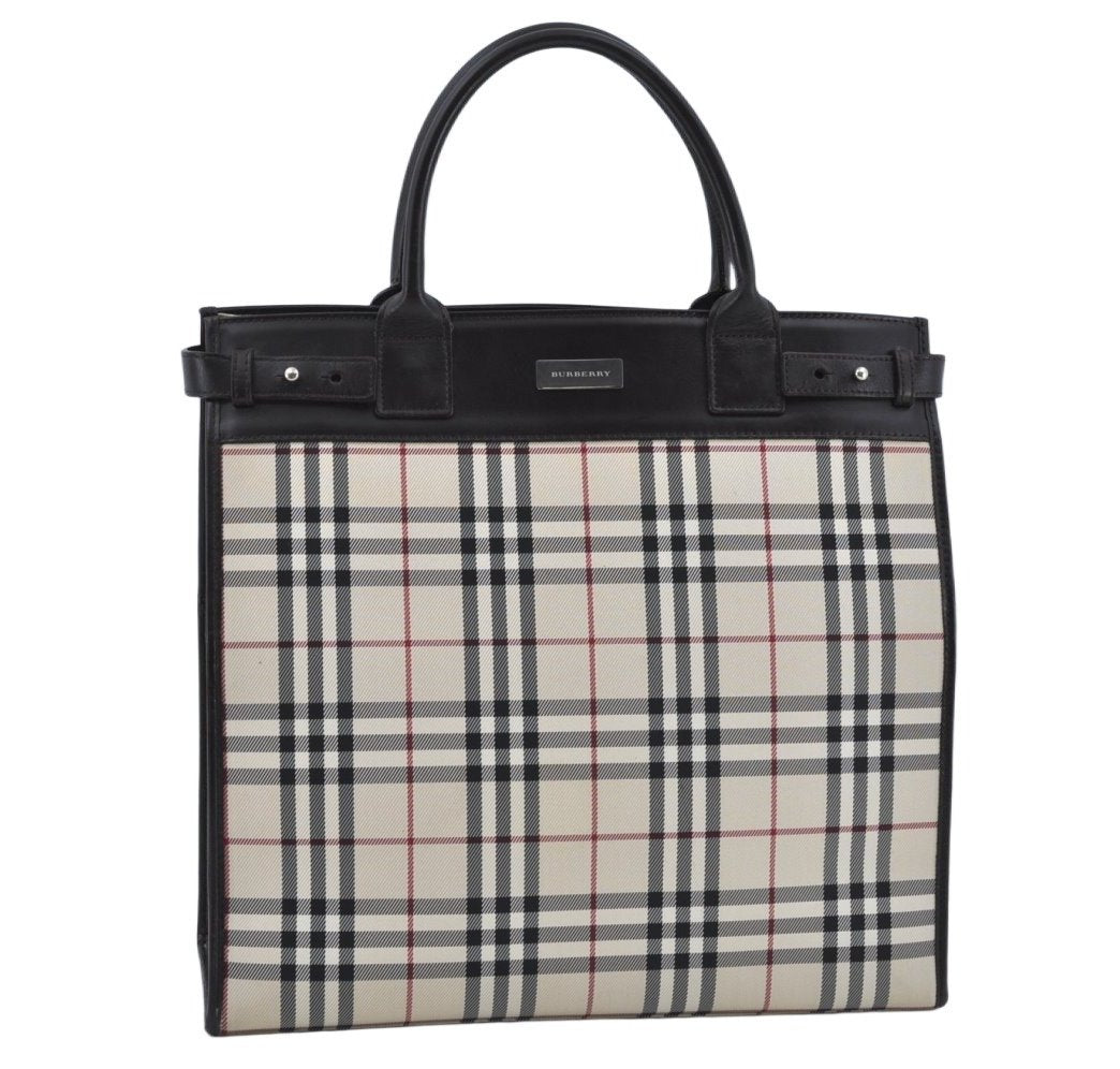 Authentic BURBERRY Vintage Nova Check Canvas Leather Hand Bag Beige L0191