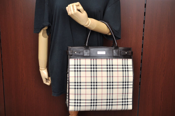 Authentic BURBERRY Vintage Nova Check Canvas Leather Hand Bag Beige L0191