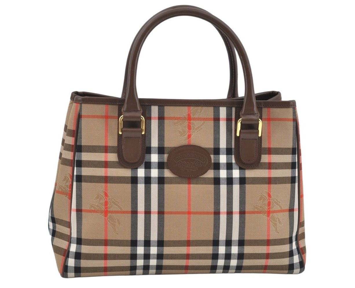 Authentic BURBERRY Vintage Nova Check Canvas Leather Hand Bag Beige L0193