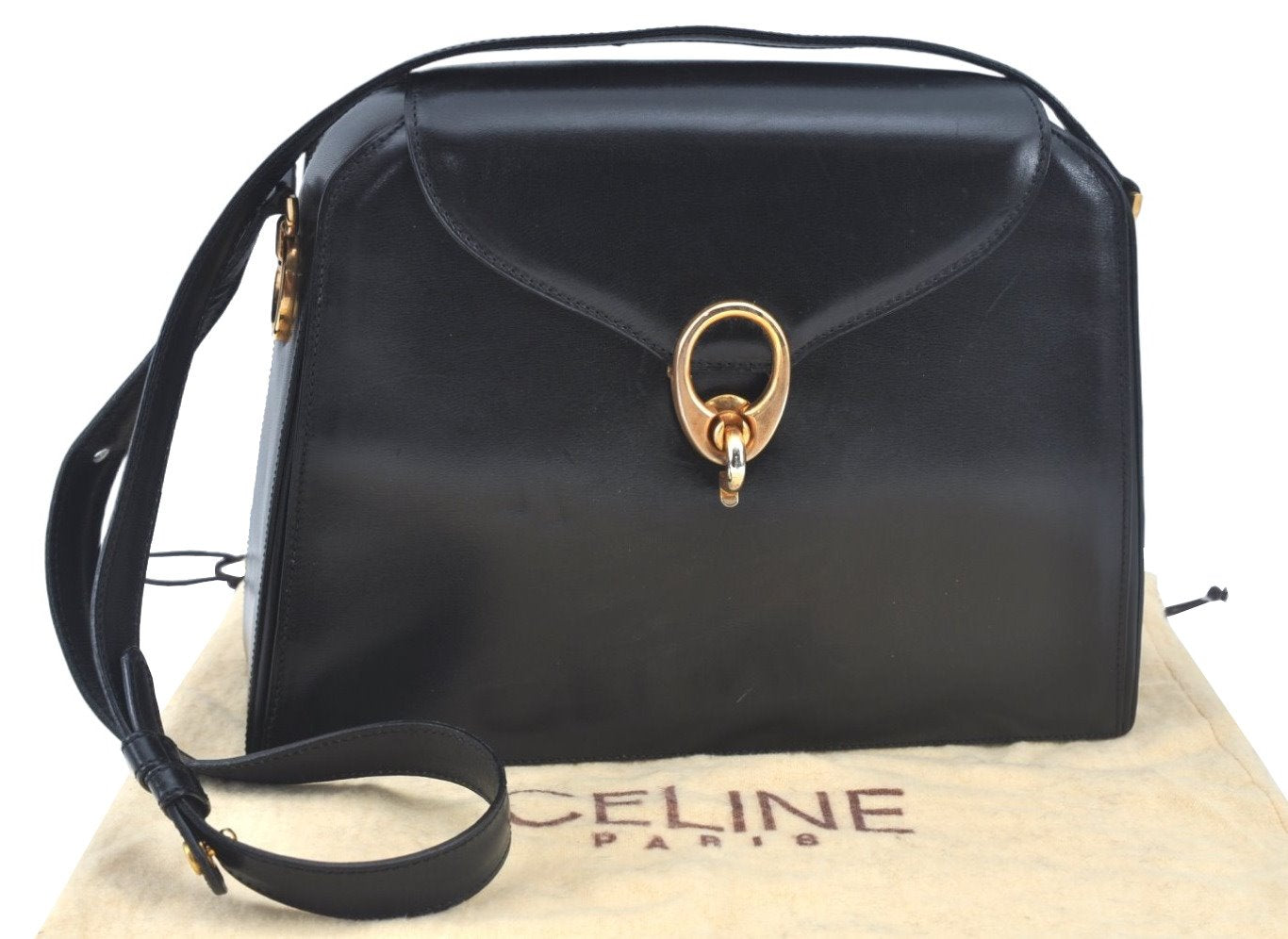 Authentic CELINE Shoulder Cross Body Bag Purse Leather Black L0197