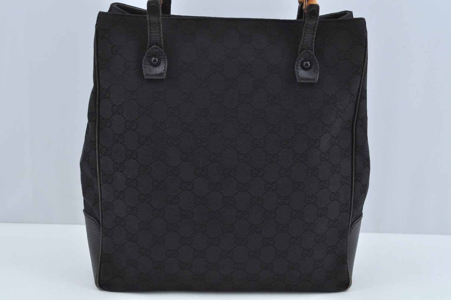 Authentic GUCCI Bamboo Hand Bag GG Canvas Leather 112530 Black L0198