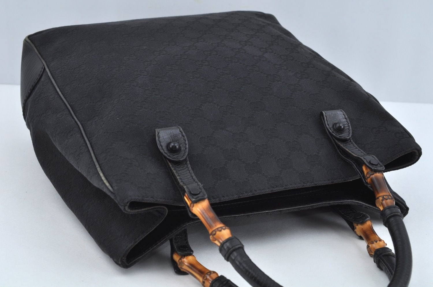 Authentic GUCCI Bamboo Hand Bag GG Canvas Leather 112530 Black L0198