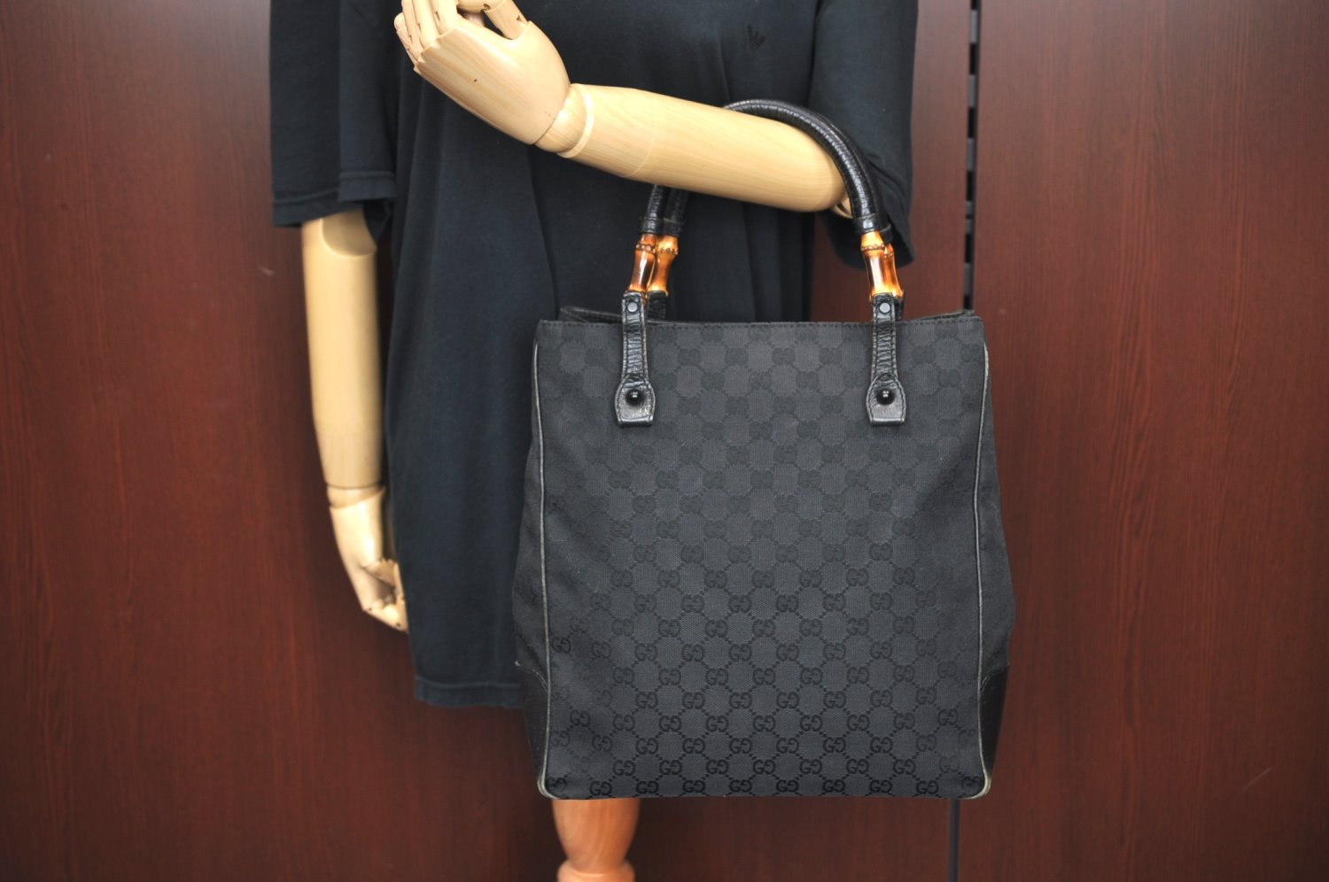 Authentic GUCCI Bamboo Hand Bag GG Canvas Leather 112530 Black L0198
