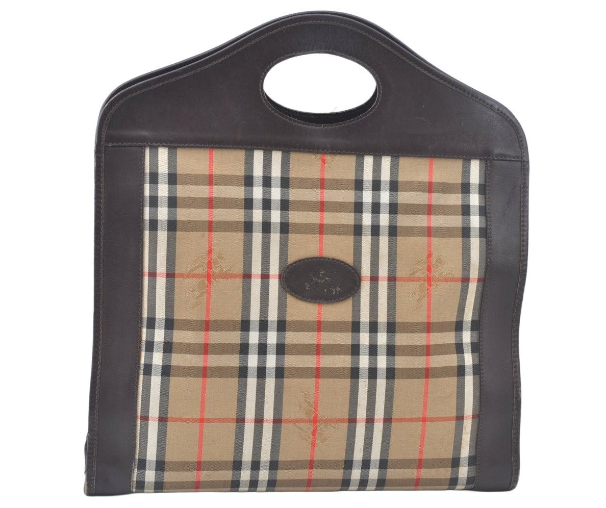Authentic Burberrys Nova Check Canvas Hand Bag Brown Beige L0208