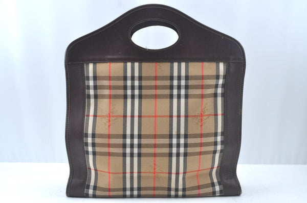 Authentic Burberrys Nova Check Canvas Hand Bag Brown Beige L0208