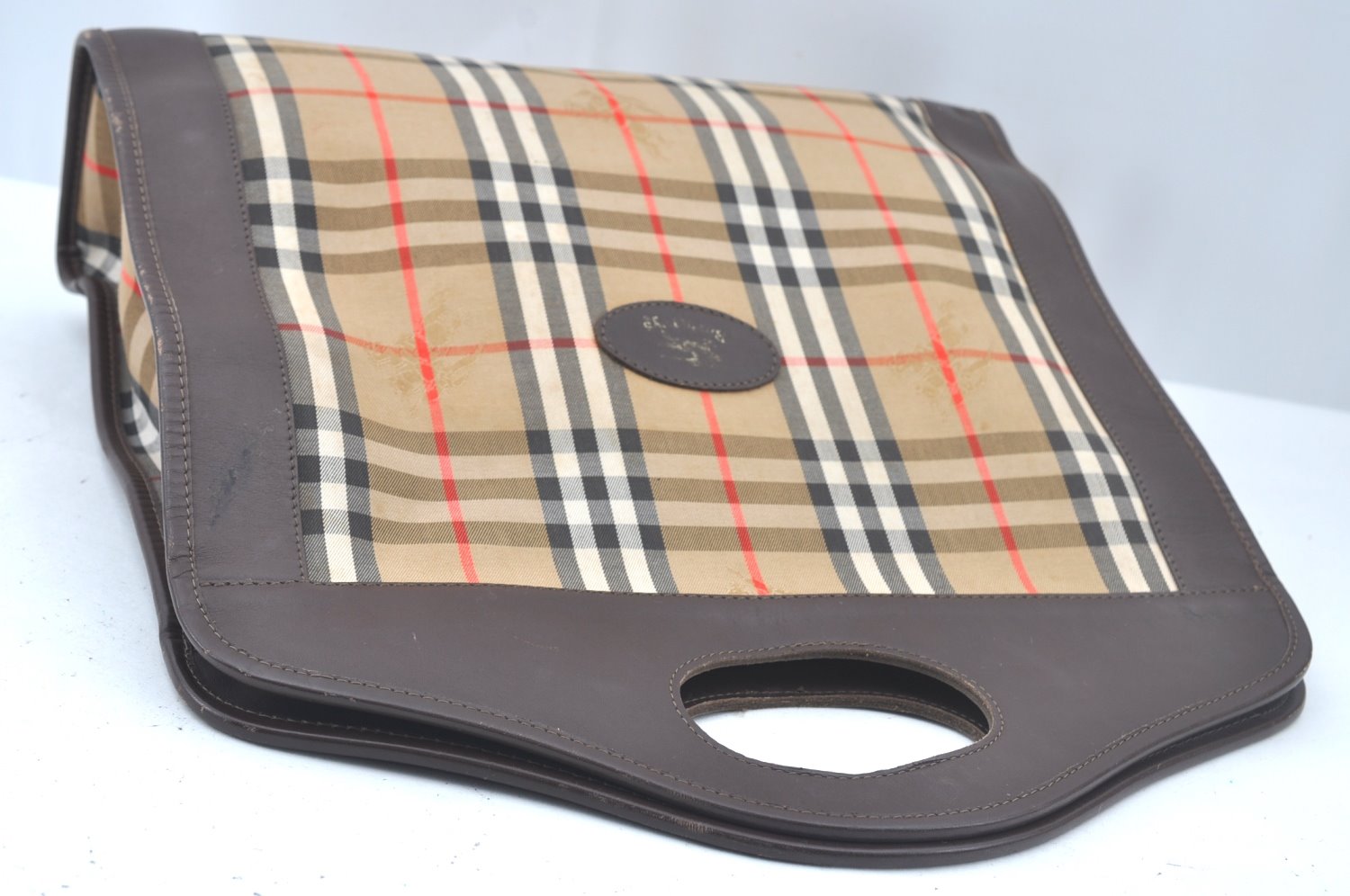Authentic Burberrys Nova Check Canvas Hand Bag Brown Beige L0208